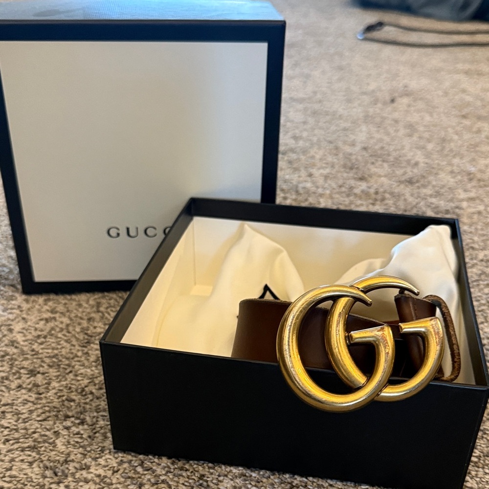 Authentic Gucci Leather Belt with Gold GG Emblem